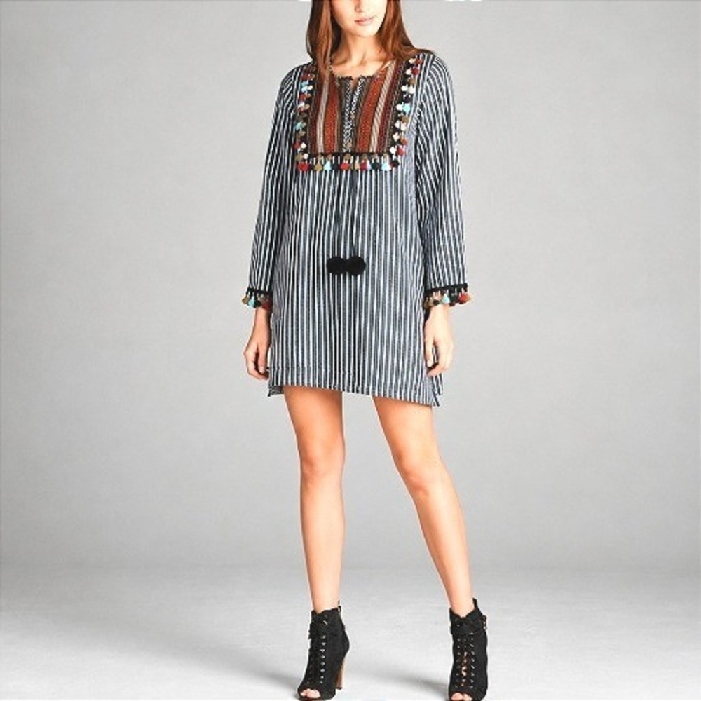 Velzera Gray Stripe Embroidered Boho Middle Eastern Tassel Tunic Dress Plus 1X